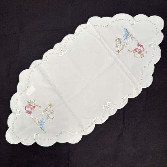 German Embroidered Christmas Angels Table Runner Mat 15x33 Metallic Gold Thread - Picture 2 of 5